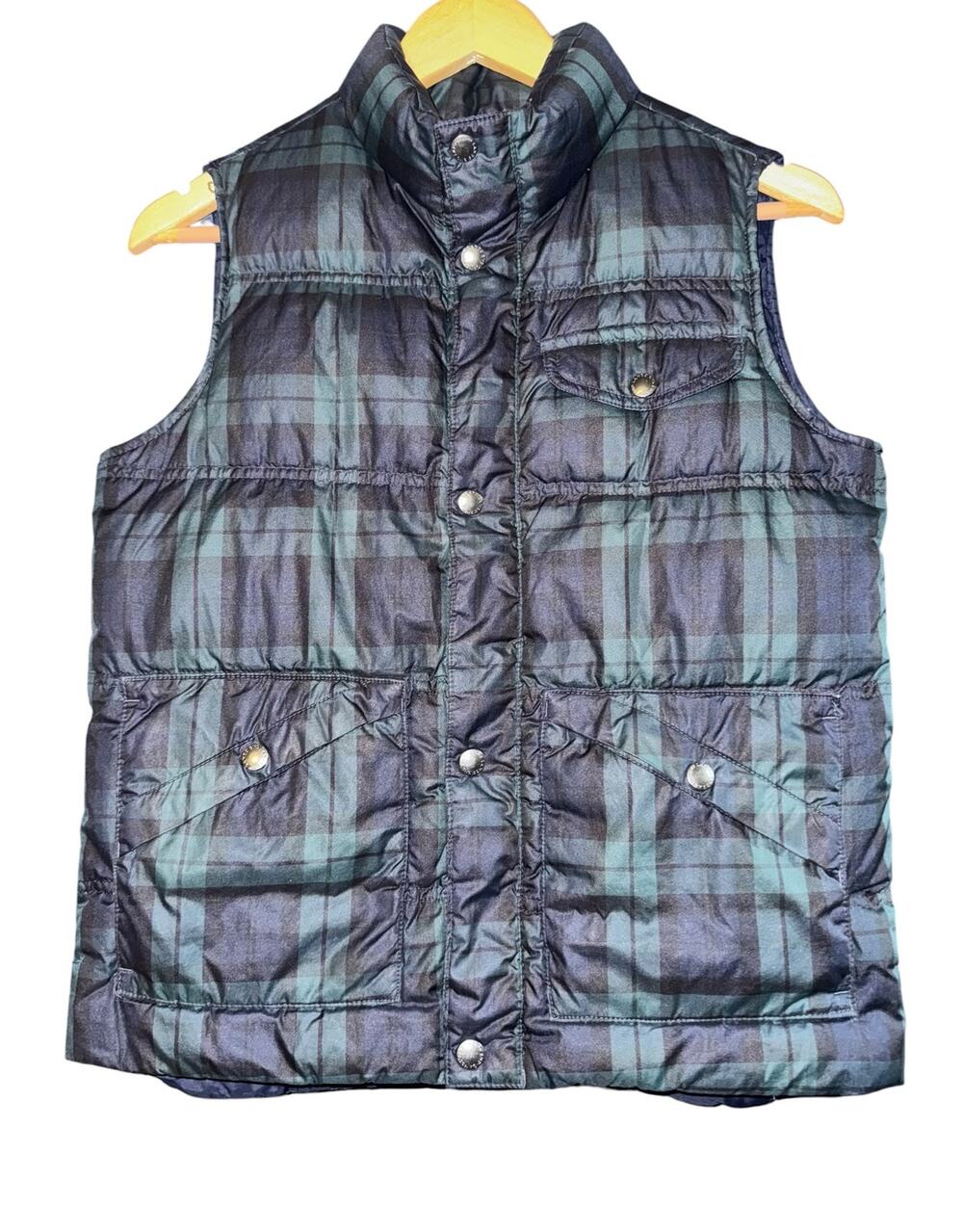 Lands End Plaid Down Puffer Vest Kids Size 10/12 Fall Warm Green Blue Winter